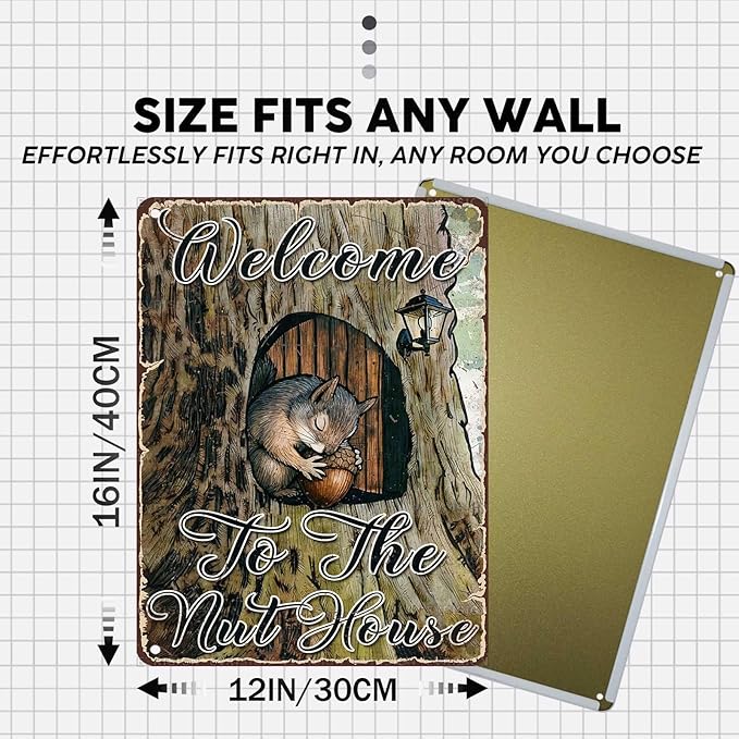 Vintage Squirrel Tin Sign Welcome to The Nut House Retro Fall Welcome Metal Sign Nostalgic Rustic Wall Art Decorations for Home Outdoor Farmhouse Cafe Kitchen Bar Yard Porch 16 * 12In