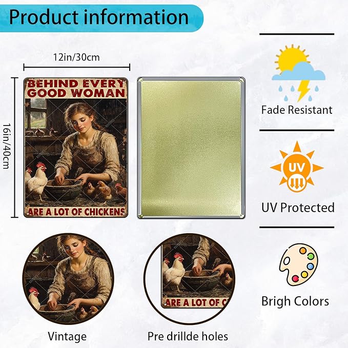 Garden Chicken Vintage Tin Sign Behind Every Good Woman Are A Lot Of Chickens Wall Decoration Poster For Home Garden Kitchen Yard Farm 16x12 Inch