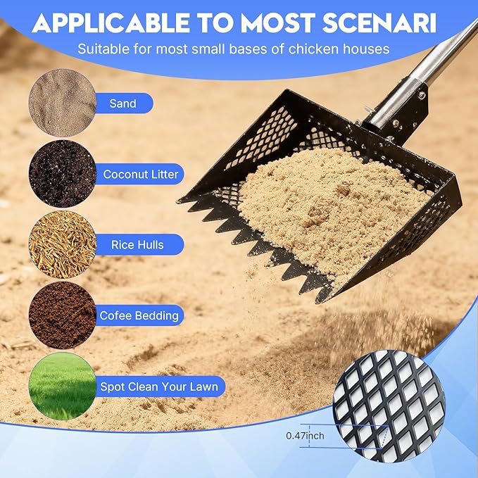 Chicken Coop Scoop & Rake 2-in-1,Chicken Poop Scooper with Stainless Steel Handle (35-61.8" Adjustable),Sifter Shovel Chicken Coop Sand Rake for Chicken Coops & Farm Animals