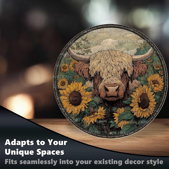 Vintage Highland Cattle Round Metal Sign Retro Sunflower Tin Sign Nostalgic Rustic Wall Decor Bedroom Living Room Cafe Yard Office Fence Door Outside Farmhouse Farm 12 * 12 In