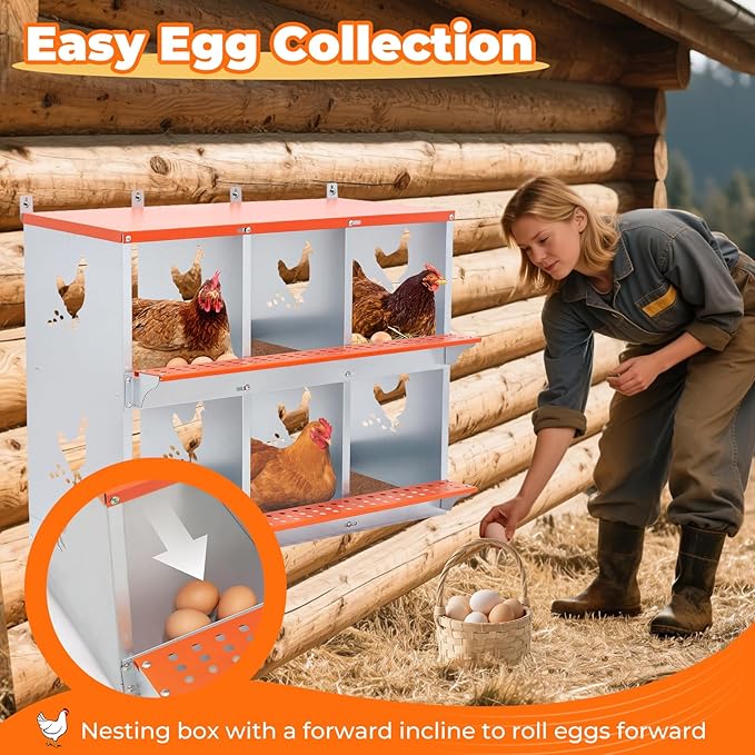Chicken Nesting Box, 6 Compartment Metal Nesting Boxes for Chickens, Wall Mountable Chicken Laying Boxes, Easy Egg Collection, with Nesting Pads, Indoor & Outdoor Use, 31.8" L x 17" W x 25" H