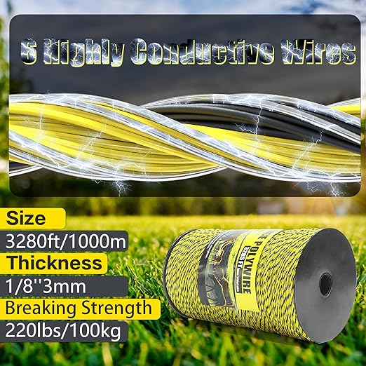 Upgrade Electric Fence Polywire 3285FT,1000 Meters, 6 Stainless Steel Strands for Reliable Conductivity, Portable Electric Fencing, UV Resistant, Rust Resistant, Highly conductive, Easy to Install