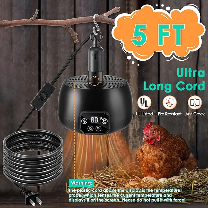 Enhon Chicken Coop Heater with LED Lighting, Adjustable Temperature, Timer & Safety Features – 5 Ft Long Cable Chicken Coop Heating Lamp Perfect for Small Animals and Reptiles(1 Pack)