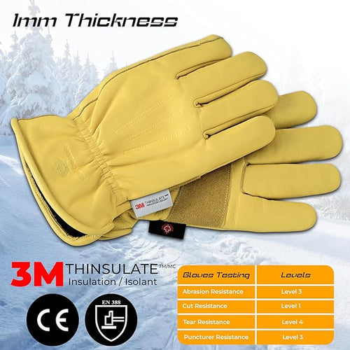 1 Pair Winter Heavy Duty Leather Work Gloves for Men & Women – Water-Resistance, Cowhide Construction & Yard Leather Gloves – Puncture Resistant Safety Gloves for Landscaping & Outdoor Use (XS)