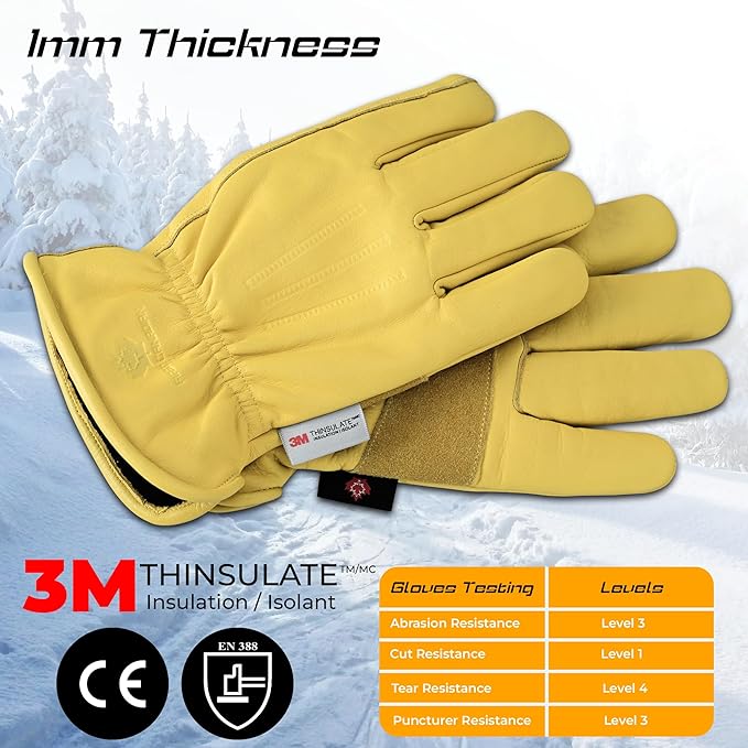 1 Pair Winter Heavy Duty Leather Work Gloves for Men & Women – Water-Resistance, Cowhide Construction & Yard Leather Gloves – Puncture Resistant Safety Gloves for Landscaping & Outdoor Use (S)