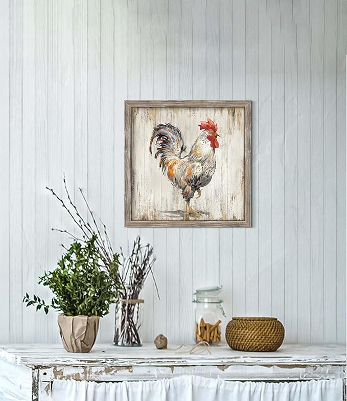 Farmhouse Wall Art Decor Kitchen: Rooster Framed Wood Picture Rustic Farm Animal Print Painting Vintage Chicken Country Artwork for Home Bathroom Living Room Decorations 12 x 12 Inches
