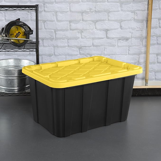 6-Pack 27-Gallon Heavy Duty Storage Bins, Stackable Plastic Container with Snap Lid, Organizer Tote for Garage, Attic, Closet, Basement, Truck Bed - Black and Yellow