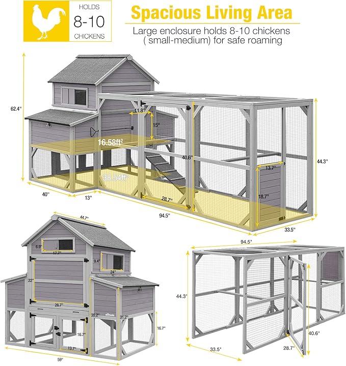 Aivituvin Chicken Coop Extra Large Chicken House 55ft² for 10-15 Chickens Outdoor Wooden Hen House Poultry Cage with 6 Nesting Boxes, 6 Perches, Large Run 137" L