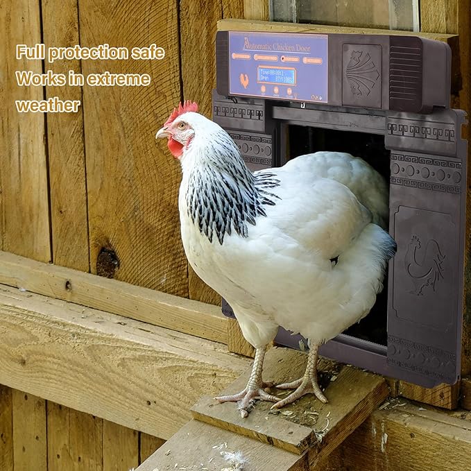 Solar Automatic Chicken Coop Door, Wireless Remote Control Timing Opener with Light Sensor for Chickens Ducks Geese, Dual Power Anti - Pinch Safety Design (Dark Brown)