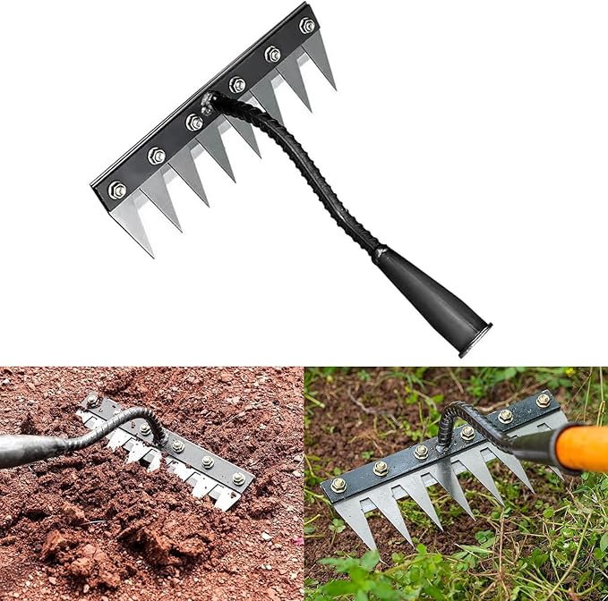 Gardenia Iron Weeding Rake, Hand Weeder Puller Tool, Manual Heavy-Duty Weed Rakes with Detachable Blade, 8 Teeth Manganese Steel Forged Weeder for Vegetable Gardening Backyard Farm Planting