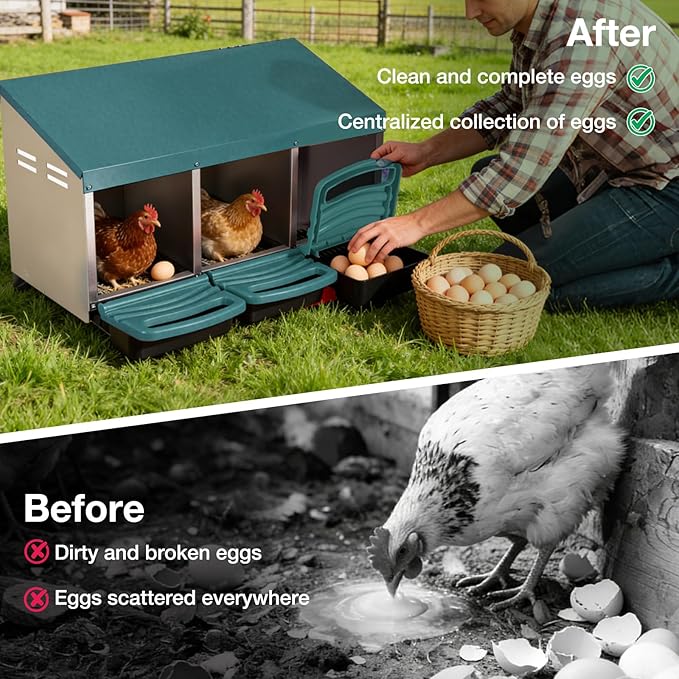 Chicken Nesting Boxes, 3 Compartments Egg Collection with Removable Drawer, Chicken Metal Laying Nest Box for Hens, Easy to Assemble, for Chicken Coop, Green