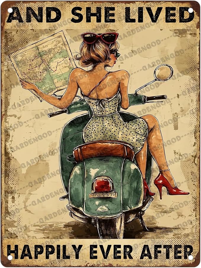 And She Lived Happily Ever After Motorbike Ancient Bike Metal Wall Art Metal Signs For Decor Vintage Wall Decor 16x12 Inch