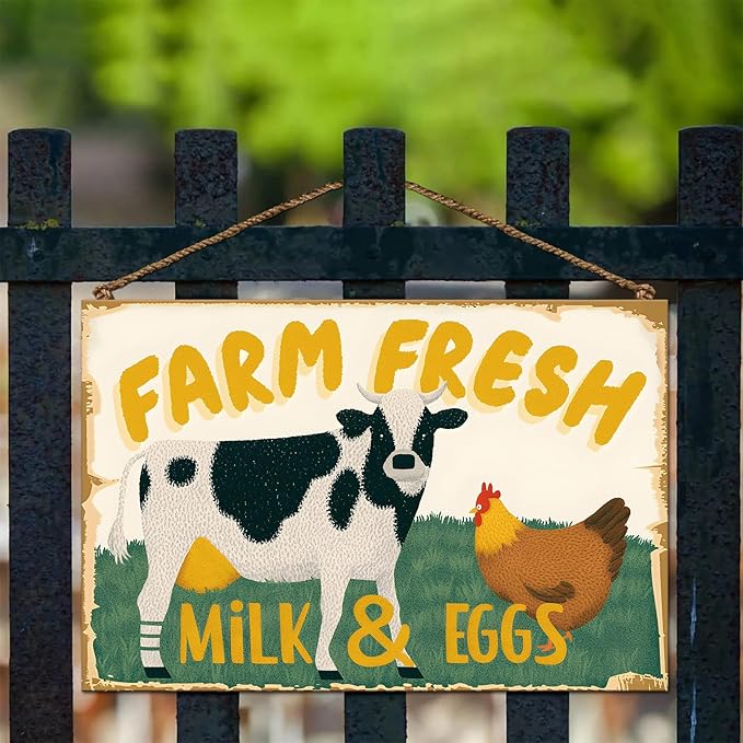 Vintage Metal Sign Farm Fresh Tin Sign Cow Chicken Milk and Eggs Rustic Decor Funny Metal Wall Art Painting Home Kitchen Farmhouse Ranch Zoo Cave Wall Decor Retro Decoration 12x8 Inch