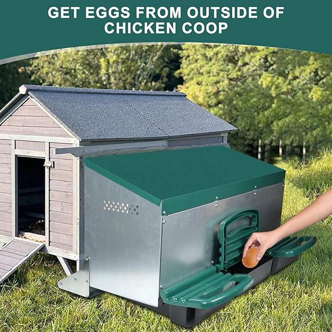 Chicken Nesting Box, 3 Holes Nesting Boxes, Heavy Duty Metal Laying Boxes, Roll Away Nesting Box Egg Collection Tray, with Roosting Pole for Chicken Coop(Green)