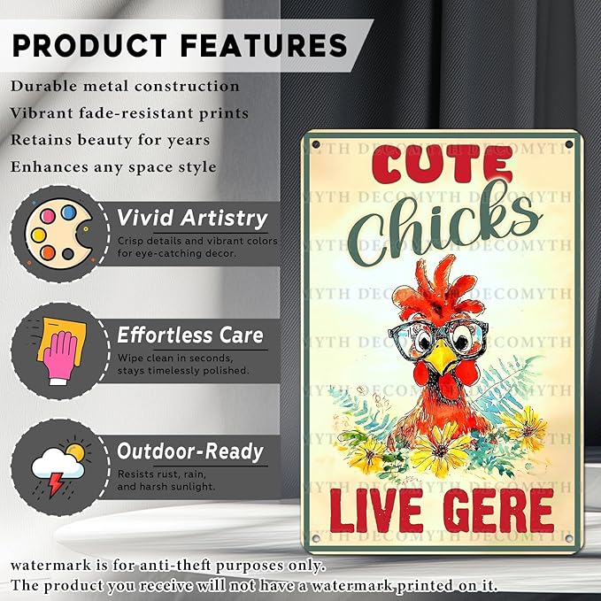 Vintage Chicken Sign Cute Chicks Live Here Metal Country Chicken Hen Rooster Tin Signs Funny Coop Signs Outdoor Decor for Lovers House Decor 12 * 8inch