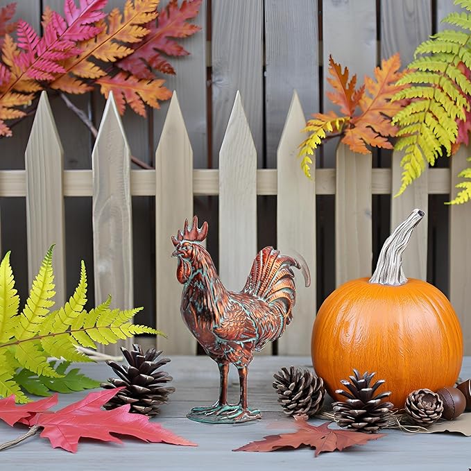 Metal Rooster Yard Decor 15.7" L x 18.8" H Large Outdoor Chicken Sculpture Yard Art Antique Copper Garden Statues for Backyard Patio Lawn Home Farmhouse Kitchen Decorations
