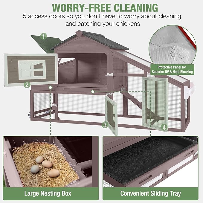 Mobile Chicken Coop with Run Large Hen House with Wheels Chicken House Poultry Cage with Nesting Box, Pull-Out Tray, Waterproof Roof for 3-5 Chickens (Brown, 72.3" L x 26" W x 39.4" H)
