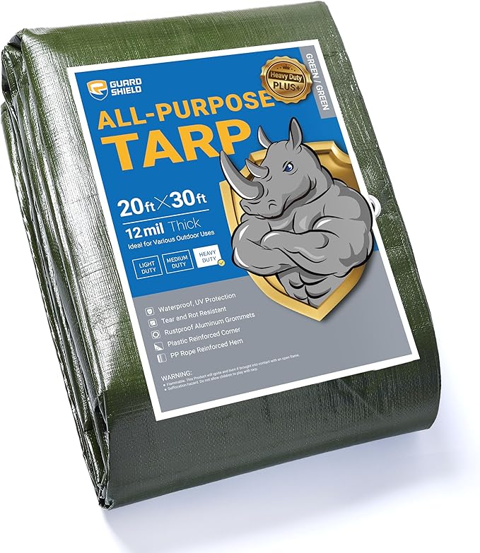 GUARD SHIELD Green Tarps Heavy Duty Plus+ Waterproof 20x30 Feet, 12mil Large Tarp with Reinforced Grommets, Outdoor Cover for Roof, Car, Boat, Truck and Ground Pool