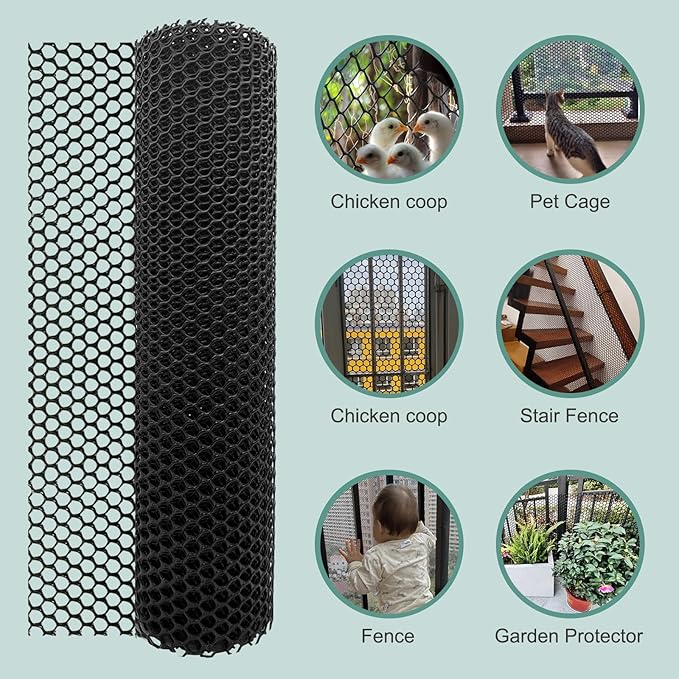 Chicken Plastic Wire Fencing Mesh - Heavy-Duty Plastic Chicken Black Wire Fence Mesh for Gardening, Barrier Netting, Poultry Dogs Rabbit Fencing (Black, 15.7IN x 10FT)
