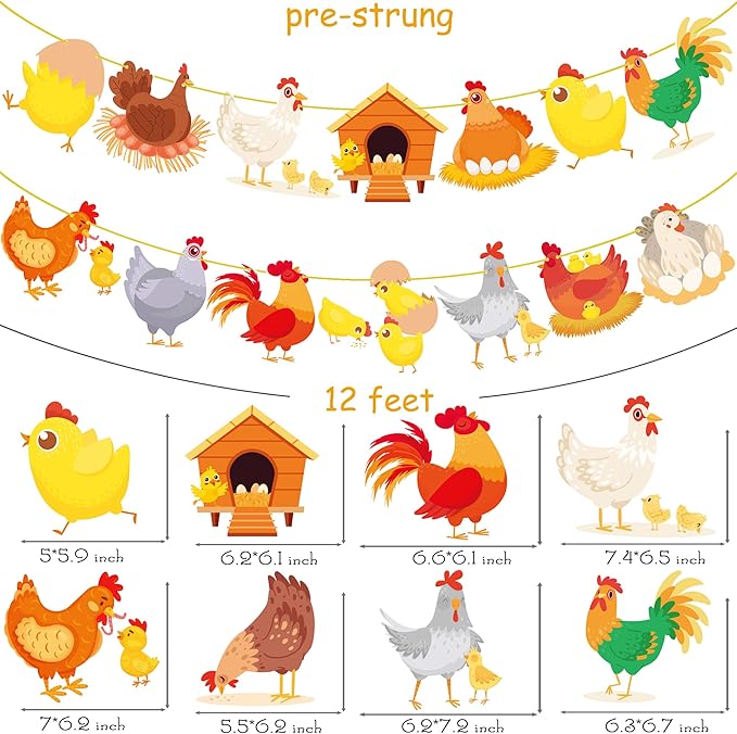 Chicken Party Banners Chicken Birthday Decorations 2PCS Farm Chicken Theme Party Supplies Chick Hen Cutout Banners for Farm Rooster Animals Baby Shower Supplies