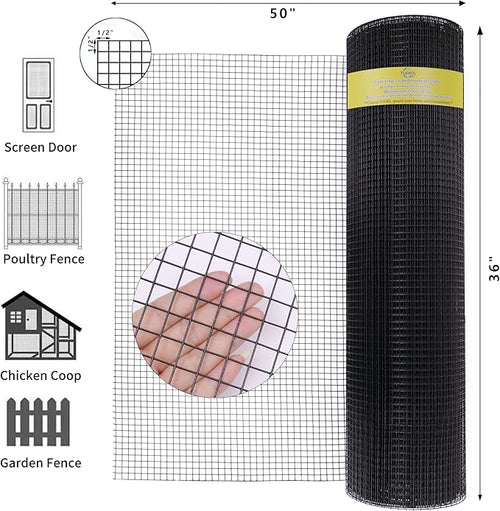 1/2inch Hardware Cloth 24 x 50 ft 19 Gauge Black Vinyl Coated Wire Mesh Roll Welded Wire Fence Roll Poultry Netting Snake Fence Rabbit Cages Rodent Wire Chicken Wire Fencing Gopher Wire Cloth