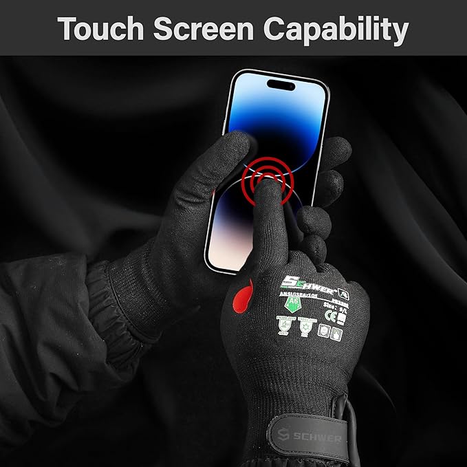 Schwer FreezeGuard Winter Work Gloves for Men and Women, ANSI A6 Cut Resistant Gloves With Super Grip, Freezer Glove for Work, Touchscreen, Thermal Insulated, PR3388, Black Knight (L, 2 Pairs)