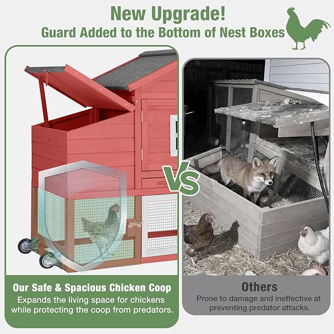 Mobile Chicken Coop with Run, Large Hen House Poultry Cage with Wheels, Nesting Box, Pull-Out Tray, Waterproof Roof, Red, 72.3" L x 26" W x 39.4" H, for 3-5 Chickens