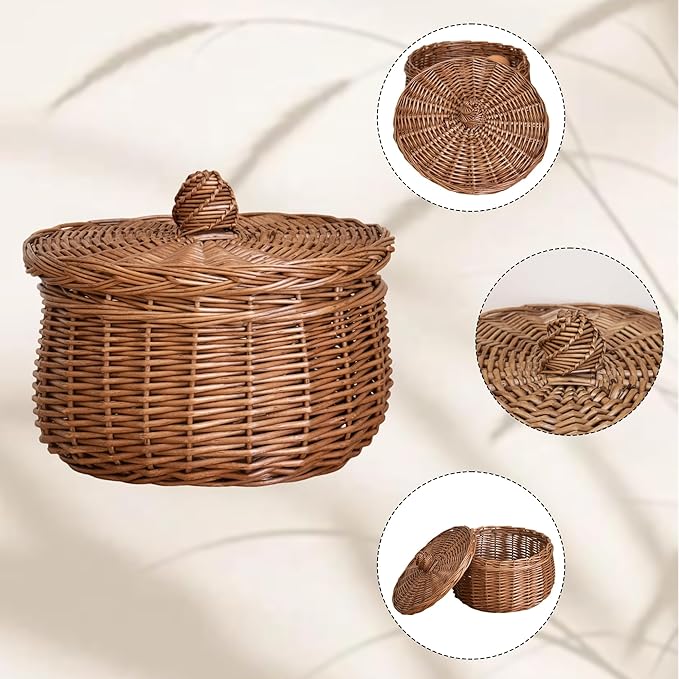 Handwoven Wicker Egg Basket with Lid, Round Farmhouse Rustic Collecting for Kitchen, Chicken Coop & Fruit