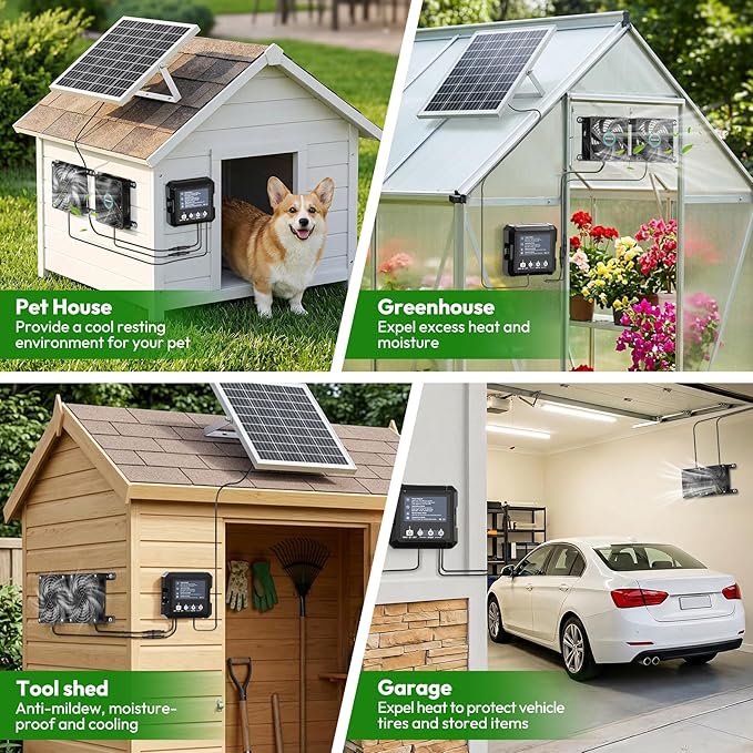 Innoland Solar Fan for Chicken Coop, IP65 Waterproof Solar Powered Fan with Battery & 25W Solar Panel, Solar Exhaust Fan with Sensor for Greenhouse | Pet House | Tool Shed | Garage Air Ventilation