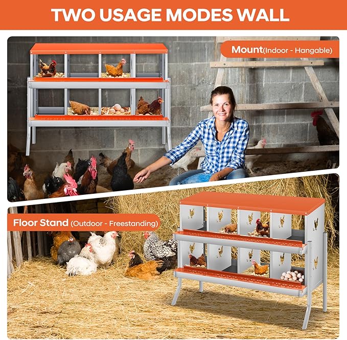 GarveeLife Chicken Nesting Box, 8 Compartments Nesting Box for Chickens, Two-Tier Galvanized Steel Chicken Egg Laying Box with Large Vented Holes Wall Mounting for Easy Egg Collection