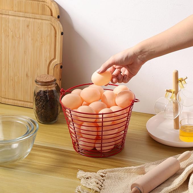 3 Pack 8 Inches Metal Mesh Wire Egg Collecting Basket with Handle Portable Garden Vegetable Fruit Storage Lightweight Hanging for Kitchen Farmhouse Gathering Picnic (Red)