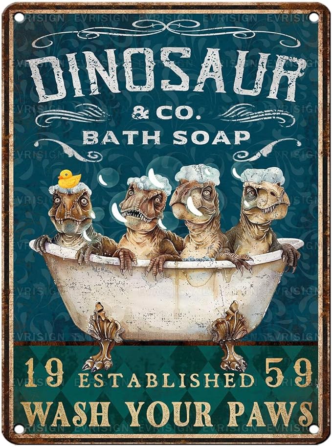 Vintage T-Rex Tin Sign Wash Your Paws Retro Bathroom Metal Sign Funny Dinosaur Nostalgic Wall Decor Decorations for Home Bedroom Toilet Man cave Cafe Kitchen Bar Office Garage 16 * 12In