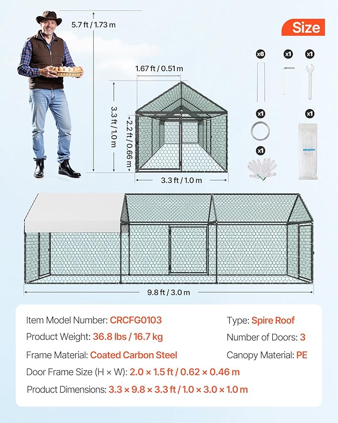 VEVOR Metal Chicken Coop for 6-8 Chickens, 3.3 x 9.8 x 3.3 ft, Small Chicken Cage with Waterproof Cover & 3 Doors, Spire Roof Poultry Run Compatible with Wooden Coops, for Rabbit Hen Goose Duck