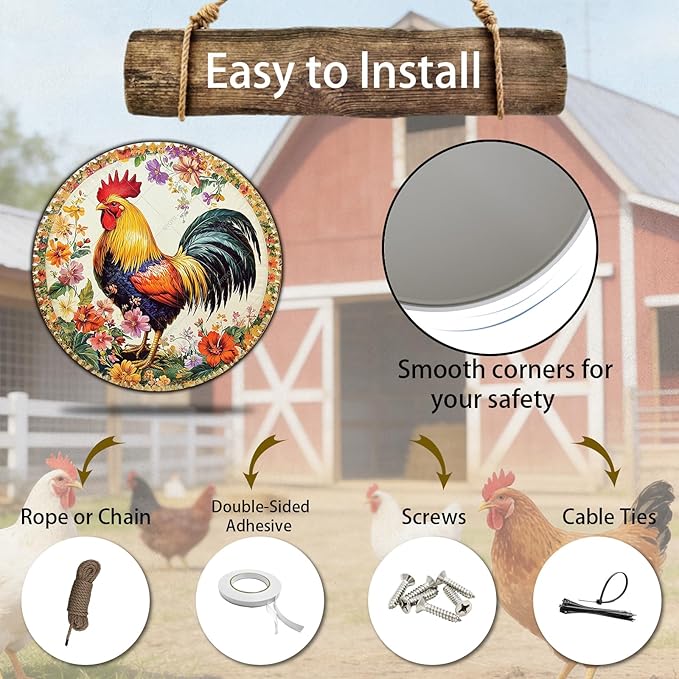 Rustic Chicken Coop Hen Round Metal Tin Sign Vintage Farmhouse Kitchen Wall Decor for Home Garden Outdoor Wall Art Retro Plaque 8 Inch