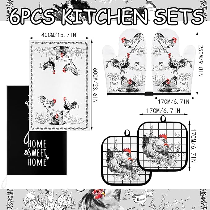 Leinuosen 6 Ink Rooster Farmhouse Kitchen Decor Dish Towels Oven Mitts and Pot Holders Sets Chicken Kitchen Towels Absorbent Decorative Accessories for Cooking Baking Grilling