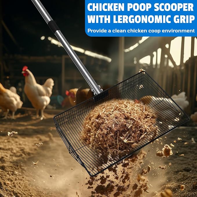 Chicken Poop Scooper: 15-Inch Large with Ergonomic Grip, 5-in-1 Heavy Duty Adjustable Coop Scoop (24 to 68 Inches), Stainless Steel Sifting Litter Shovel for Chicken Coop Cleaning