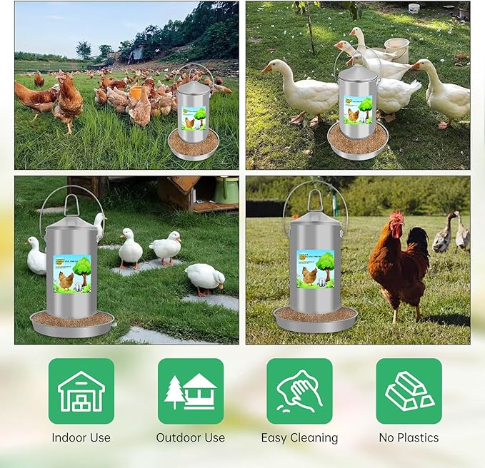 Automatic Chicken Feeder 4KG/8.8lbs, Heavy Duty Stainless Steel Reliable Long-Lasting Poultry Feeder with Handle, High Strength Structure 0.035 Inch/0.9mm Metal Thickness