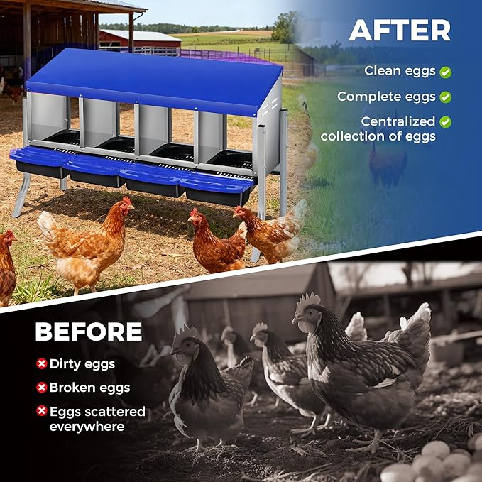 Chicken Nesting Box, 3-Hole Wall Mount Metal Chicken Nesting Box with Rollout Egg Collection & Easy-Clean Pull Out Tray, Roll Away Hen Roosting Boxes