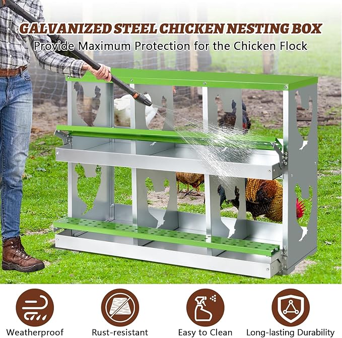 Chicken Nesting Box,Heavy Duty Metal Nest Boxes,6 Hole Roll Away Nesting Boxes,with Large Vented Holes,Wall-Mountable Chicken Coop Nesting Boxes,for Chickens,Ducks,Large Egg Boxes (Green 6 Hole)