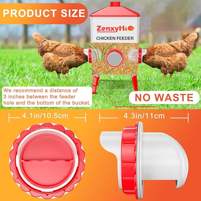 DIY Chicken Feeders No Waste, 8 Ports Poultry Feeder with Hole Saw for Buckets Troughs Red