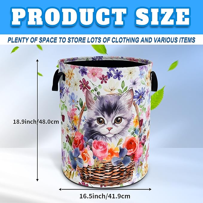 Cute Cat Laundry Basket Flowers Animal Oxford Cloth Laundry Hamper With Handle Foldable Portable Clothes Storage Basket 18.9 X 16.5 In Storage Bag For Laundry Room/Bathroom/Bedroom/Dormitories
