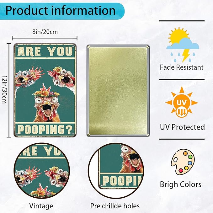 Vintage Are You Pooping Chicken Metal Sign Funny Chicken Coop Farm Metal Poster Home Kitchen Bathroom Garden Toilet Tin Sign Wall Decor 12x8 Inch