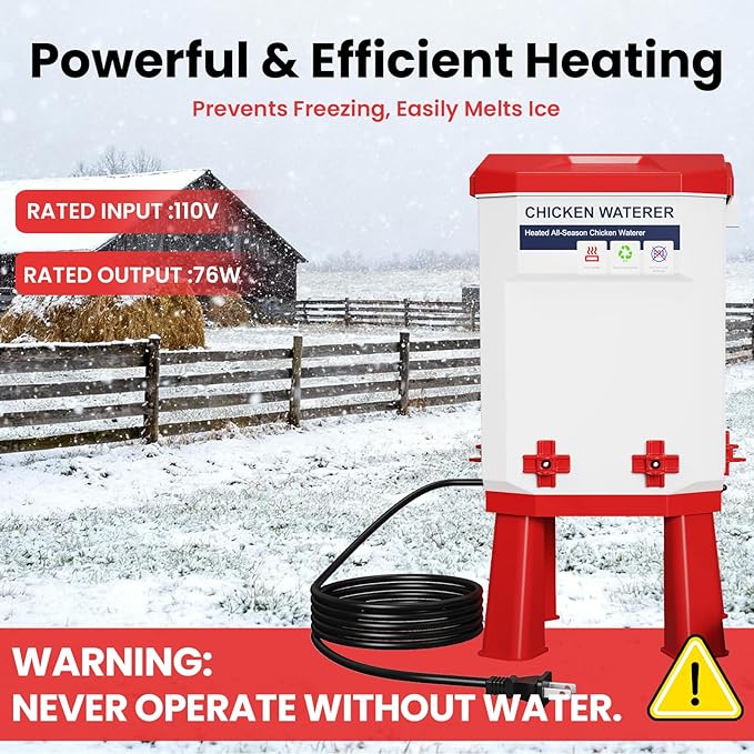 3.2 Gallon Heated Chicken Waterer with 4 Nipple Drinkers - Adjustable Height, BPA-Free, Freeze-Proof, 110V Electric, Suitable for Chickens, Ducks, Geese & Quails,12L (1 pc)