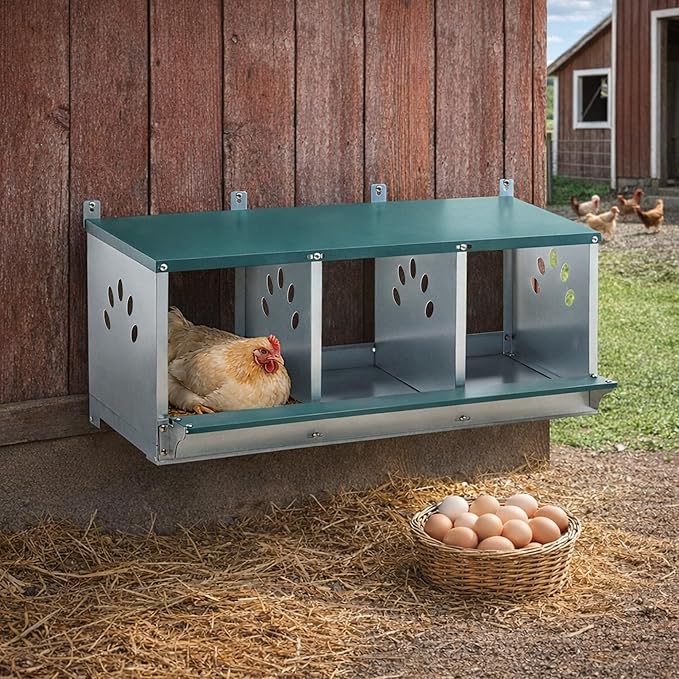 3/4 Compartment Chicken Nesting Boxes, Metal Wall Mount Chicken Egg Laying Box with Roll Out Egg Collection, Galvanized Steel Chicken Nesting Box for Laying Hens, Easy to Clean & Assemble (3-Hole)