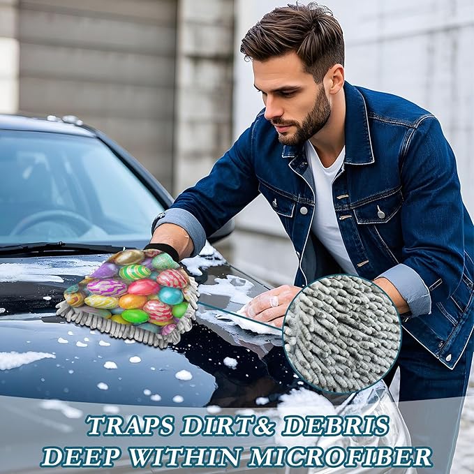 Colorful Easter Eggs Washing Mitts Car Wash Microfiber Absorbent Chenille Cleaning Scrub Pads Car Detailing Scratch Free, Medium x 2 Pack