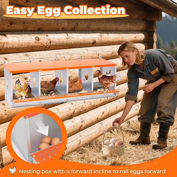 Chicken Nesting Box, 4 Compartment Metal Nesting Boxes for Chickens, Wall Mountable Chicken Laying Boxes, Easy Egg Collection, with Nesting Pads, Indoor & Outdoor Use, 42.5" L x 17" W x 15" H