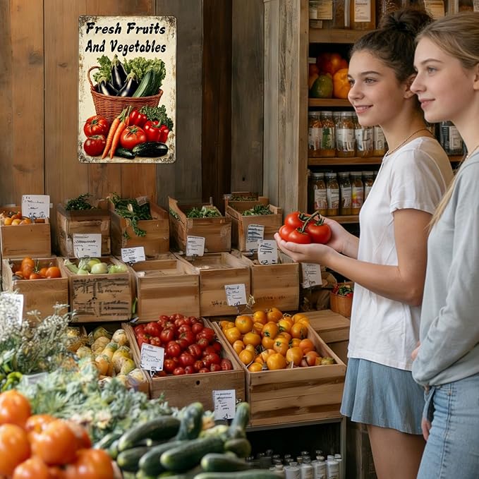 Vegetable Wall Decor Fresh Fruits And Vegetables Metal Tin Sign 12x16 Inch Funny Farmer's Market Tin Poster Retro Home Kitchen Garden Yard Restaurant Wall Decor