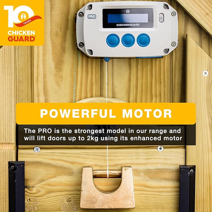 ChickenGuard Automatic Chicken Coop Door Opener, Power by Solar/Batteries/Electric. Strong Motor Lifts 2kg; Timer/Light Sensing; Motor Units only or Combination Kits (PRO + Batteries)