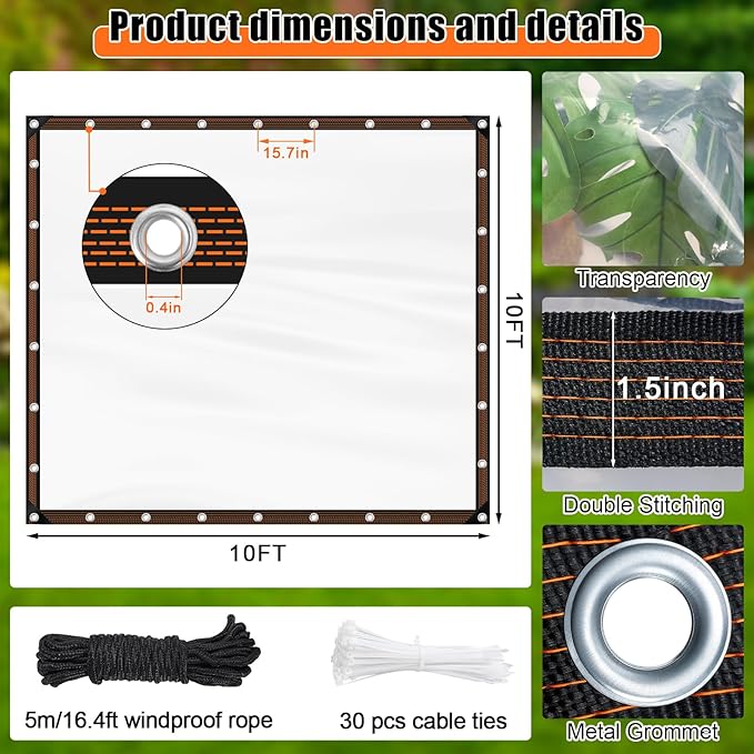 ZYP 10x10 FT Heavy Duty Clear Waterproof Tarps Outdoor Garden Rainproof Covering,Clear Vinyl Tarp with Grommets,Transparent Waterproof Tarpaulin for Covering Henhouse Porch Canopy Plant Camping