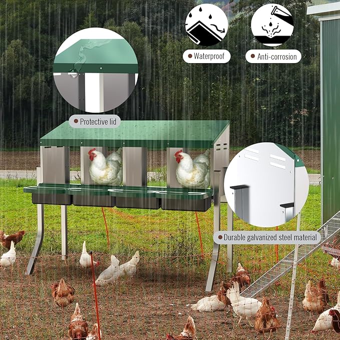 Chicken Nesting Boxes for Laying Eggs - 4 Compartment Roll Away Nesting Box for Chickens Coop with Adjustable Legs,Chicken Perch ＆ Roll Out Egg Tray,Curtains and 4 Fake Eggs Help Hen for Laying Eggs